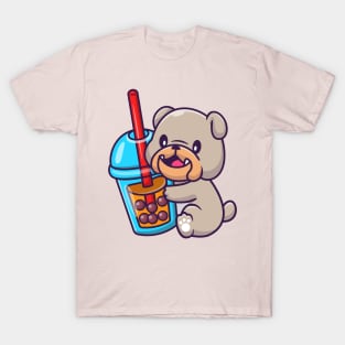 Cute Bulldog With Bubble Milk Tea Cartoon T-Shirt